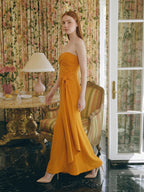 Marigold Stretch knit Trumpet Sweetheart Backless Ankle Bridesmaid Dress with Pleats - Curvevia