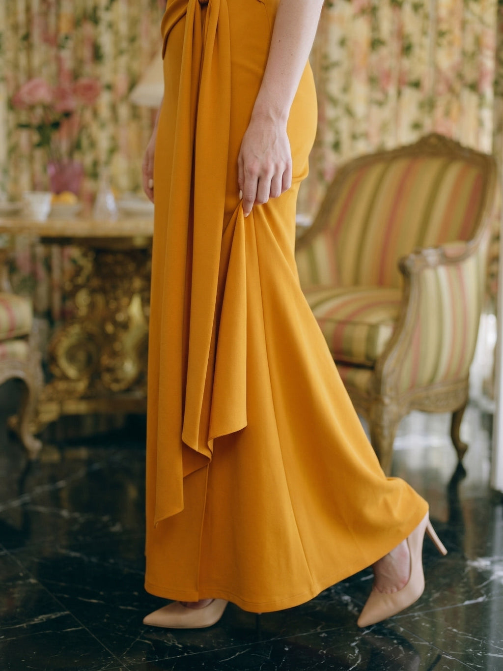 Marigold Stretch knit Trumpet Sweetheart Backless Ankle Bridesmaid Dress with Pleats - Curvevia
