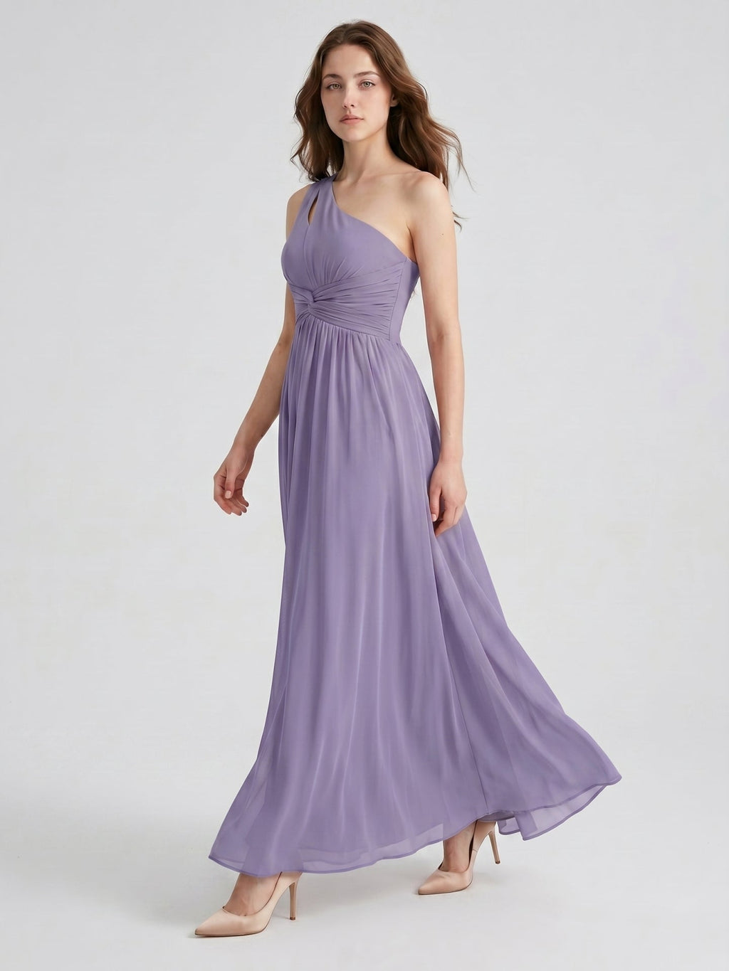 Mauve Chiffon A-Line One Shoulder Lace-up Floor-Length Bridesmaid Dress with Pleats - Curvevia