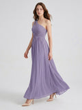 Mauve Chiffon A-Line One Shoulder Lace-up Floor-Length Bridesmaid Dress with Pleats - Curvevia