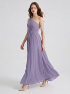 Mauve Chiffon A-Line One Shoulder Lace-up Floor-Length Bridesmaid Dress with Pleats - Curvevia