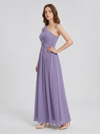Mauve Chiffon A-Line One Shoulder Lace-up Floor-Length Bridesmaid Dress with Pleats - Curvevia