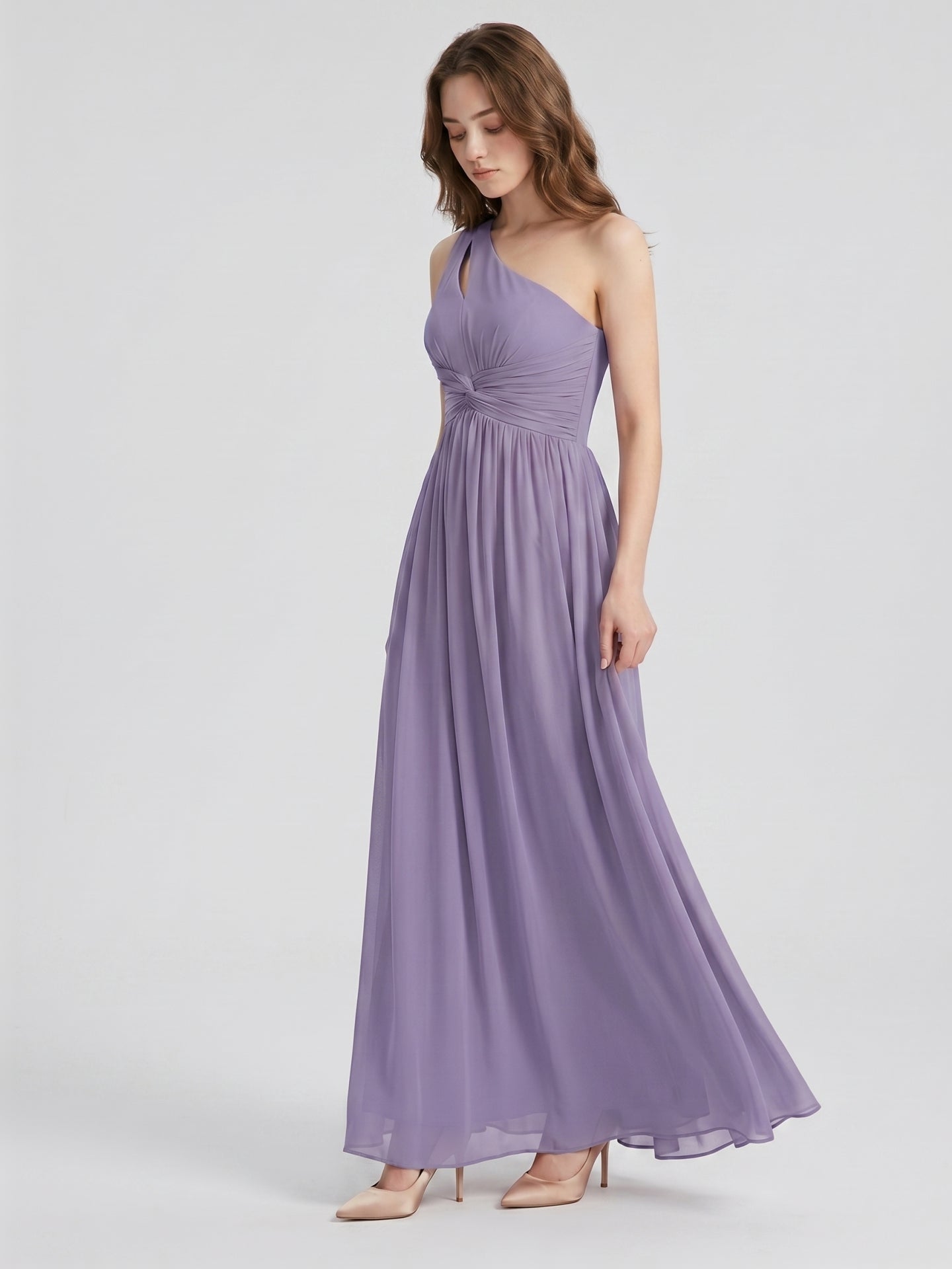 Mauve Chiffon A-Line One Shoulder Lace-up Floor-Length Bridesmaid Dress with Pleats - Curvevia