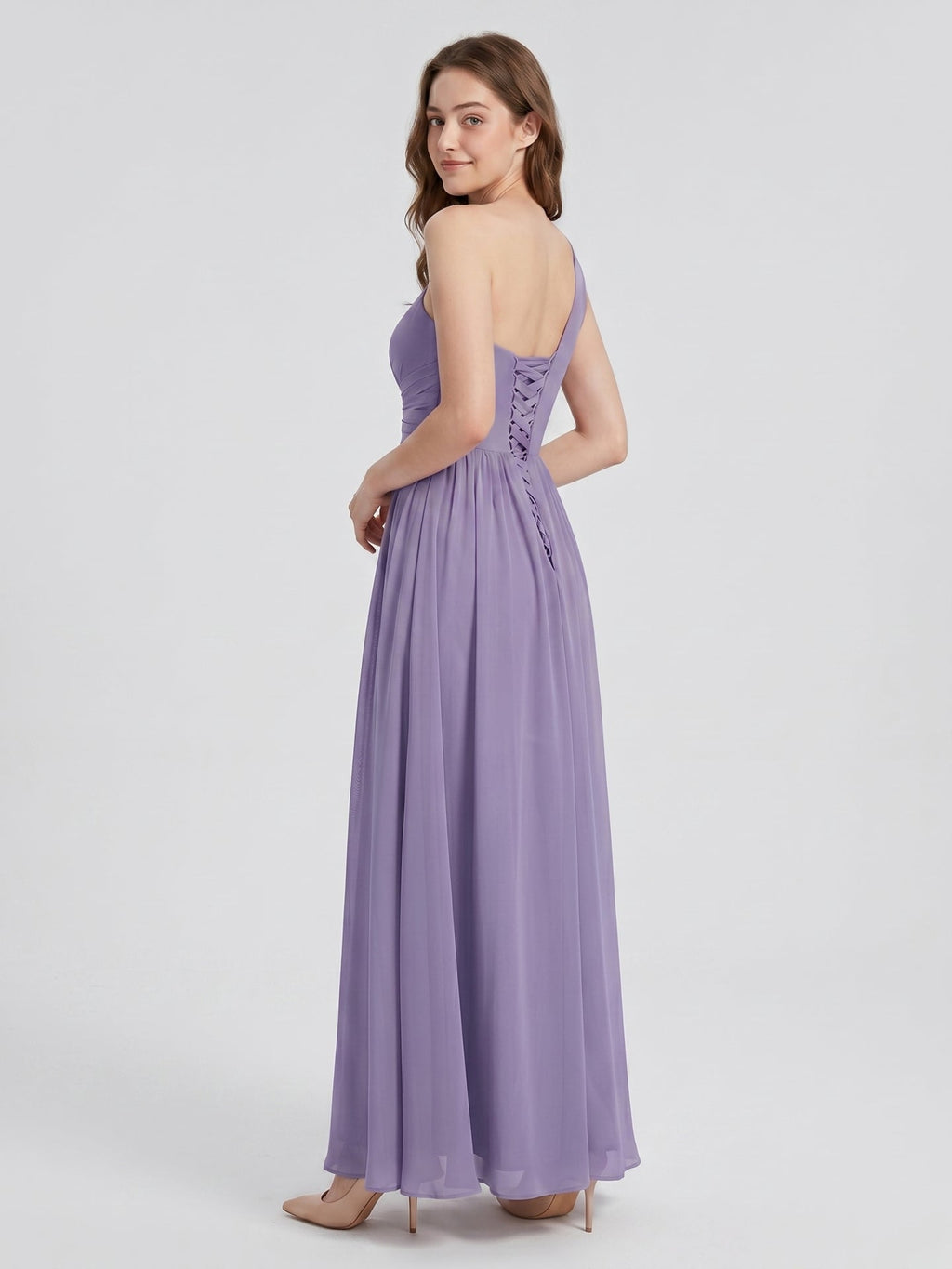 Mauve Chiffon A-Line One Shoulder Lace-up Floor-Length Bridesmaid Dress with Pleats - Curvevia