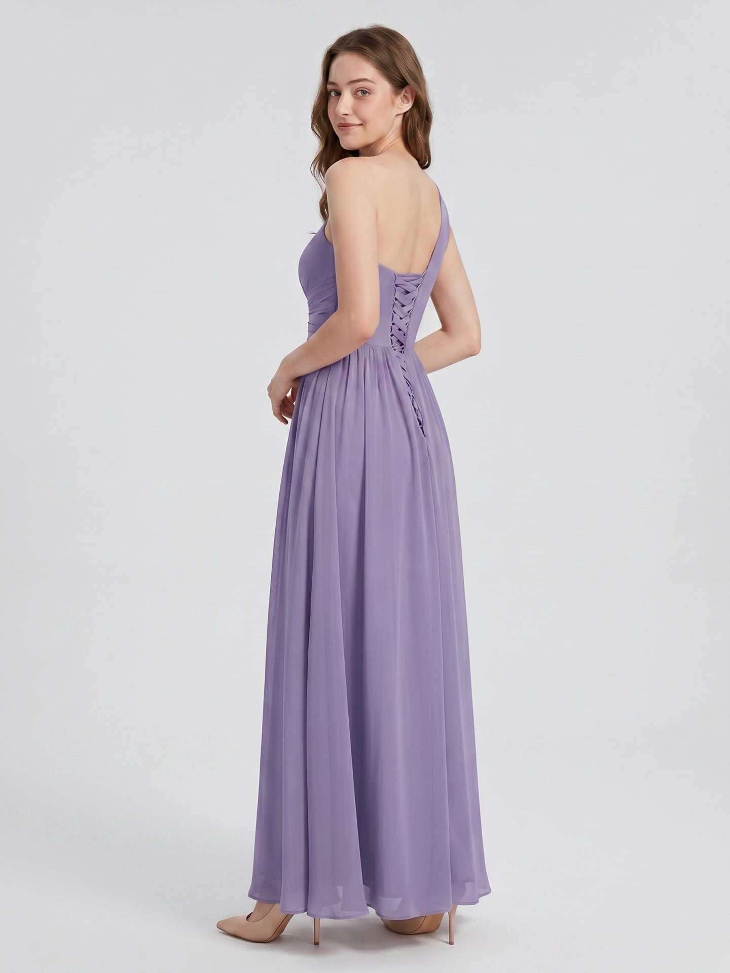Mauve Chiffon A-Line One Shoulder Lace-up Floor-Length Bridesmaid Dress with Pleats - Curvevia