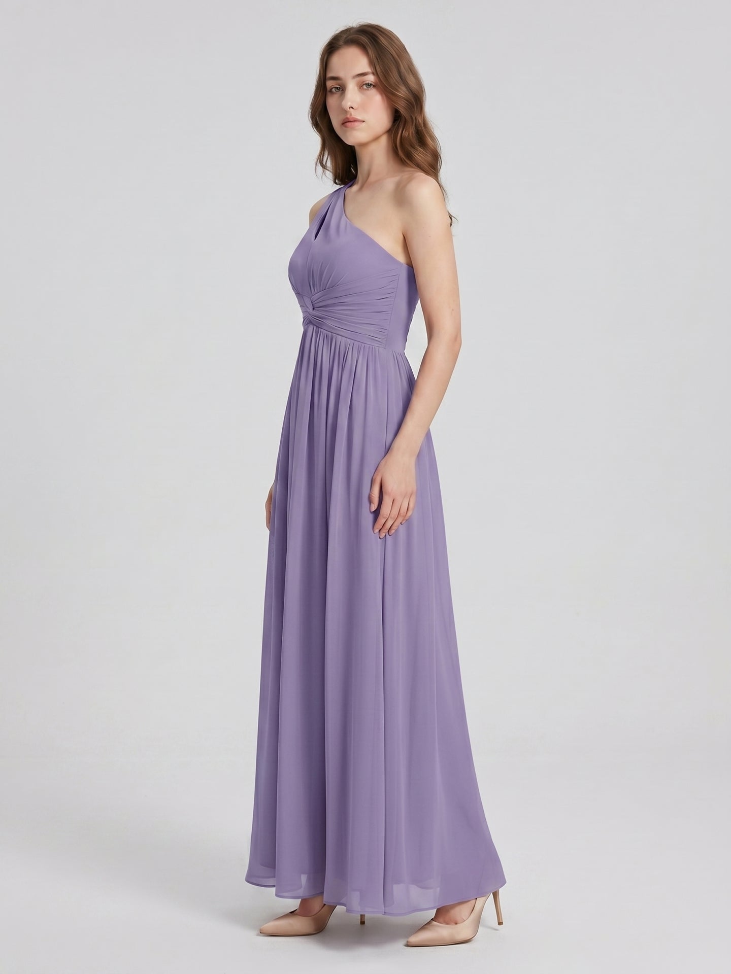 Mauve Chiffon A-Line One Shoulder Lace-up Floor-Length Bridesmaid Dress with Pleats - Curvevia