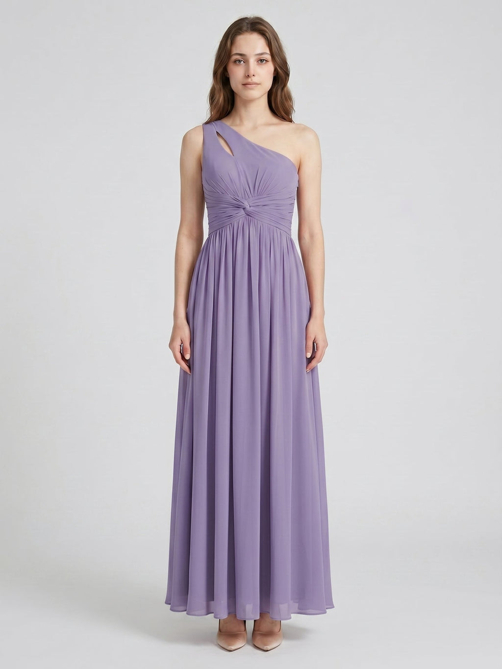 Mauve Chiffon A-Line One Shoulder Lace-up Floor-Length Bridesmaid Dress with Pleats - Curvevia