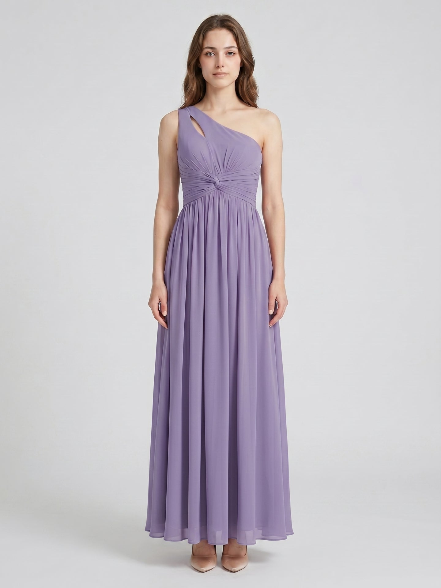 Mauve Chiffon A-Line One Shoulder Lace-up Floor-Length Bridesmaid Dress with Pleats - Curvevia