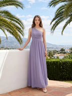 Mauve Chiffon A-Line One Shoulder Lace-up Floor-Length Bridesmaid Dress with Pleats - Curvevia
