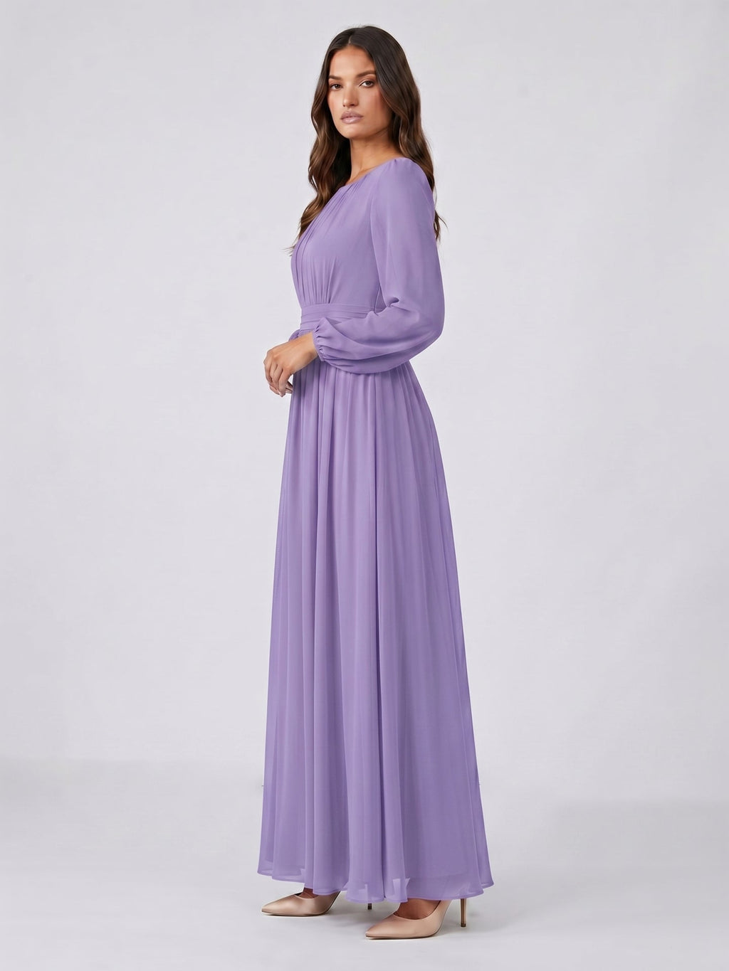 Mauve Chiffon A-Line Scoop Neck Criss-Cross Floor-Length Bridesmaid Dress with Pleats - Curvevia