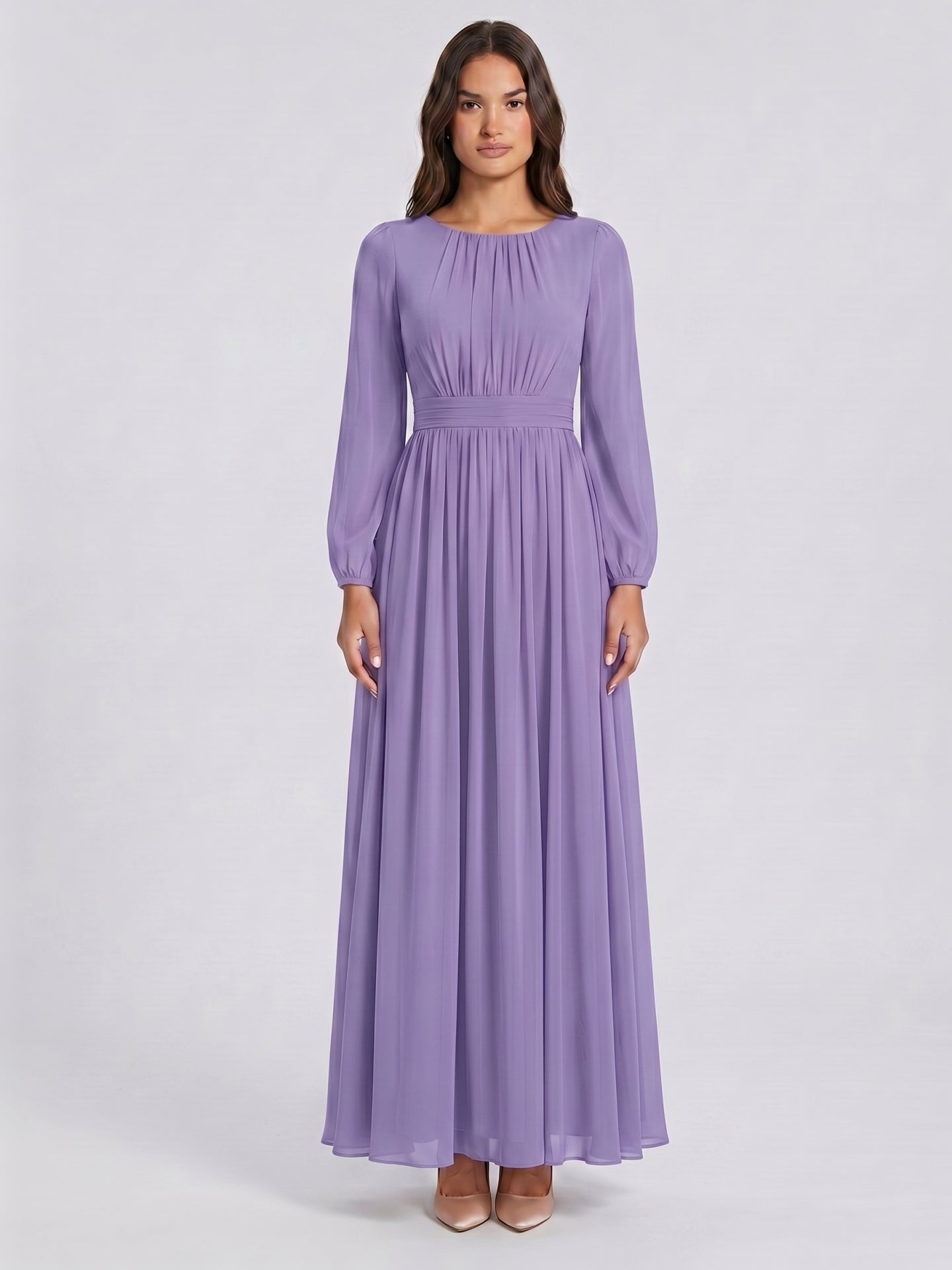 Mauve Chiffon A-Line Scoop Neck Criss-Cross Floor-Length Bridesmaid Dress with Pleats - Curvevia