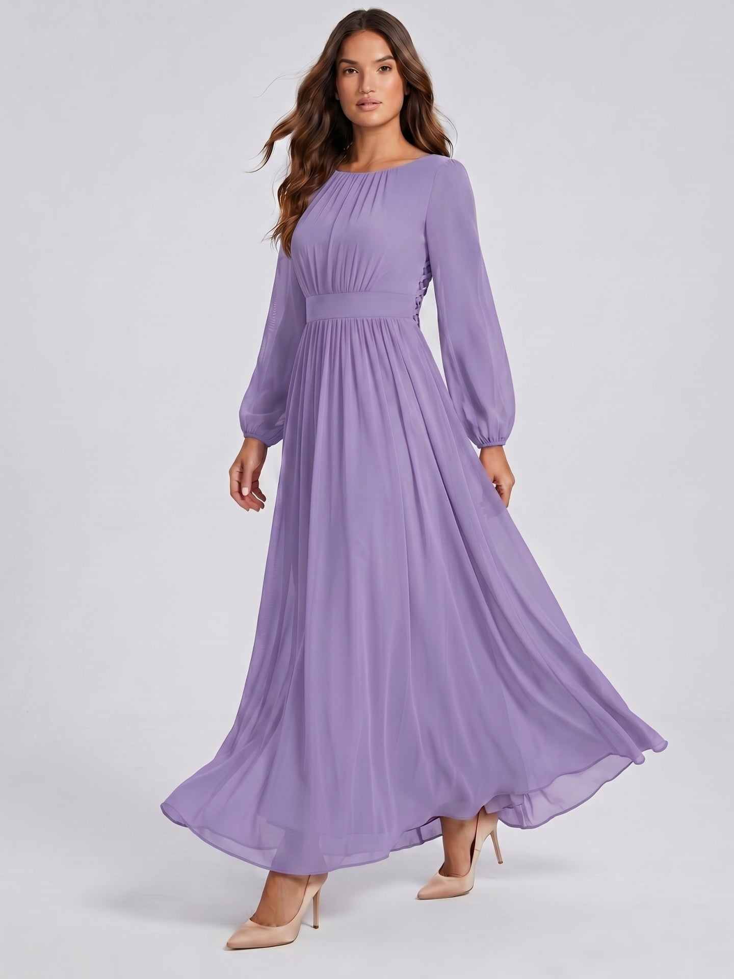 Mauve Chiffon A-Line Scoop Neck Criss-Cross Floor-Length Bridesmaid Dress with Pleats - Curvevia