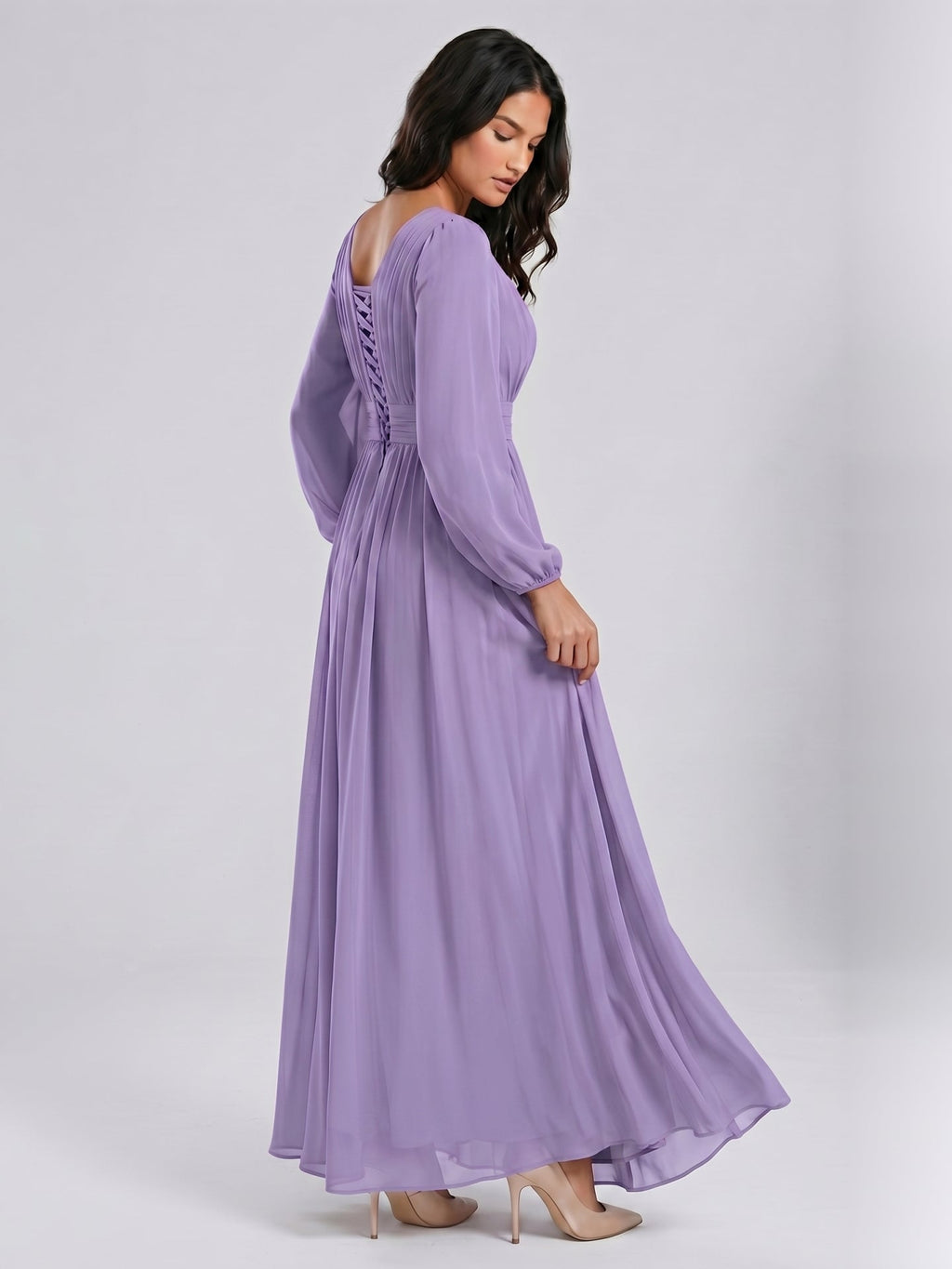 Mauve Chiffon A-Line Scoop Neck Criss-Cross Floor-Length Bridesmaid Dress with Pleats - Curvevia