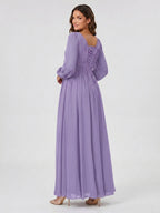 Mauve Chiffon A-Line Scoop Neck Criss-Cross Floor-Length Bridesmaid Dress with Pleats - Curvevia