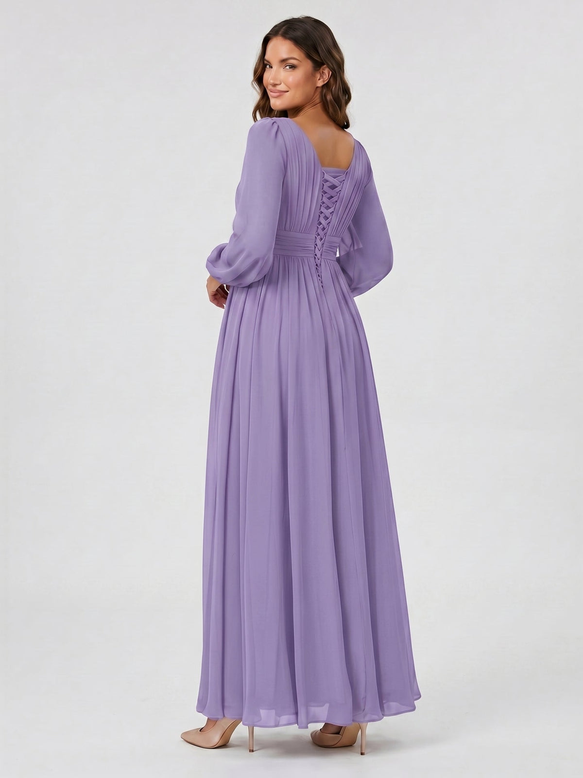 Mauve Chiffon A-Line Scoop Neck Criss-Cross Floor-Length Bridesmaid Dress with Pleats - Curvevia