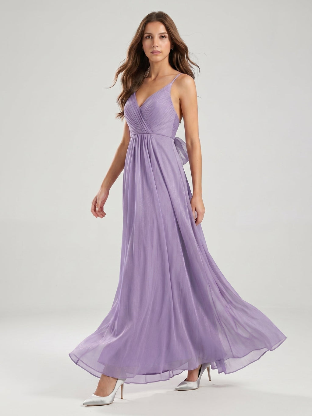 Mauve Chiffon A-Line V-Neck Backless Floor-Length Bridesmaid Dress with Pleats - Curvevia
