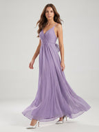 Mauve Chiffon A-Line V-Neck Backless Floor-Length Bridesmaid Dress with Pleats - Curvevia