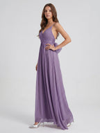 Mauve Chiffon A-Line V-Neck Backless Floor-Length Bridesmaid Dress with Pleats - Curvevia