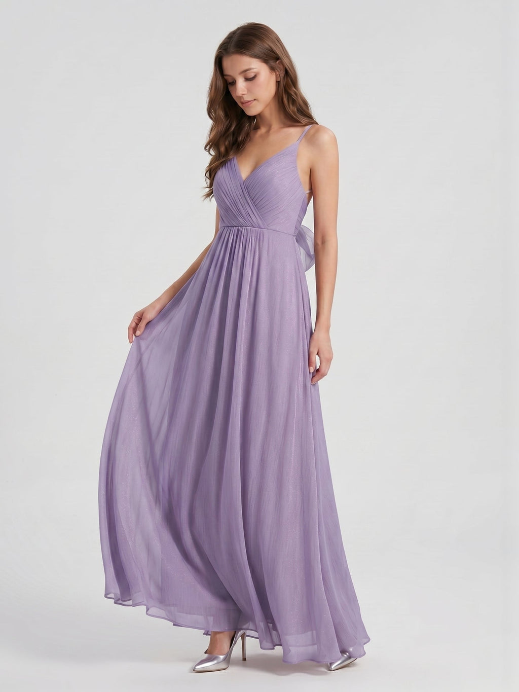Mauve Chiffon A-Line V-Neck Backless Floor-Length Bridesmaid Dress with Pleats - Curvevia