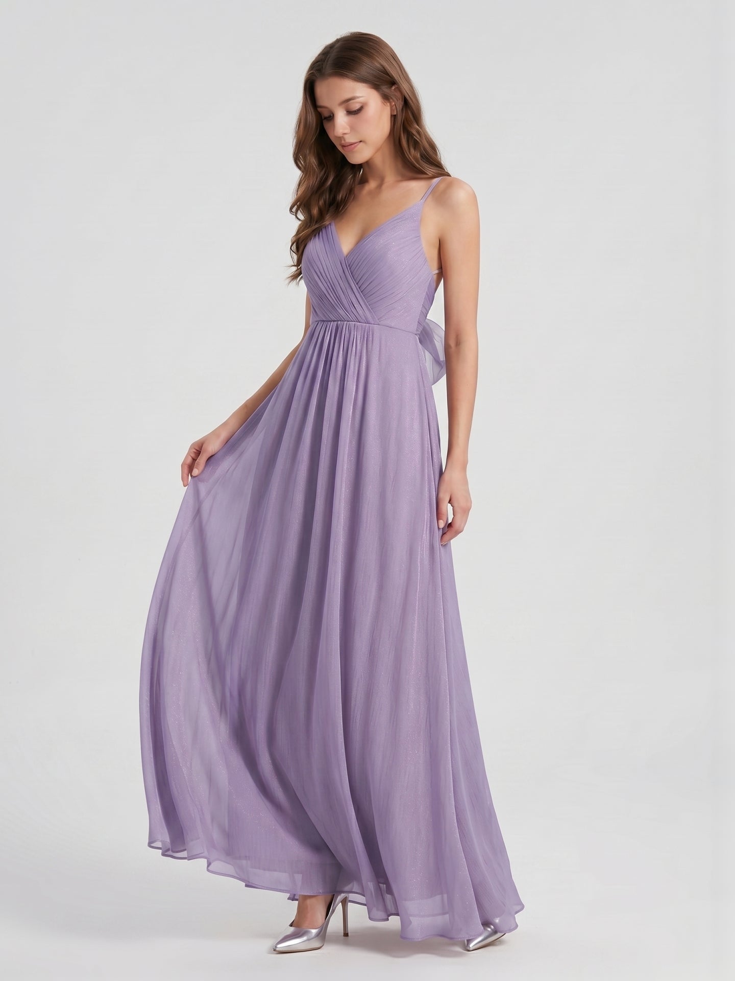 Mauve Chiffon A-Line V-Neck Backless Floor-Length Bridesmaid Dress with Pleats - Curvevia