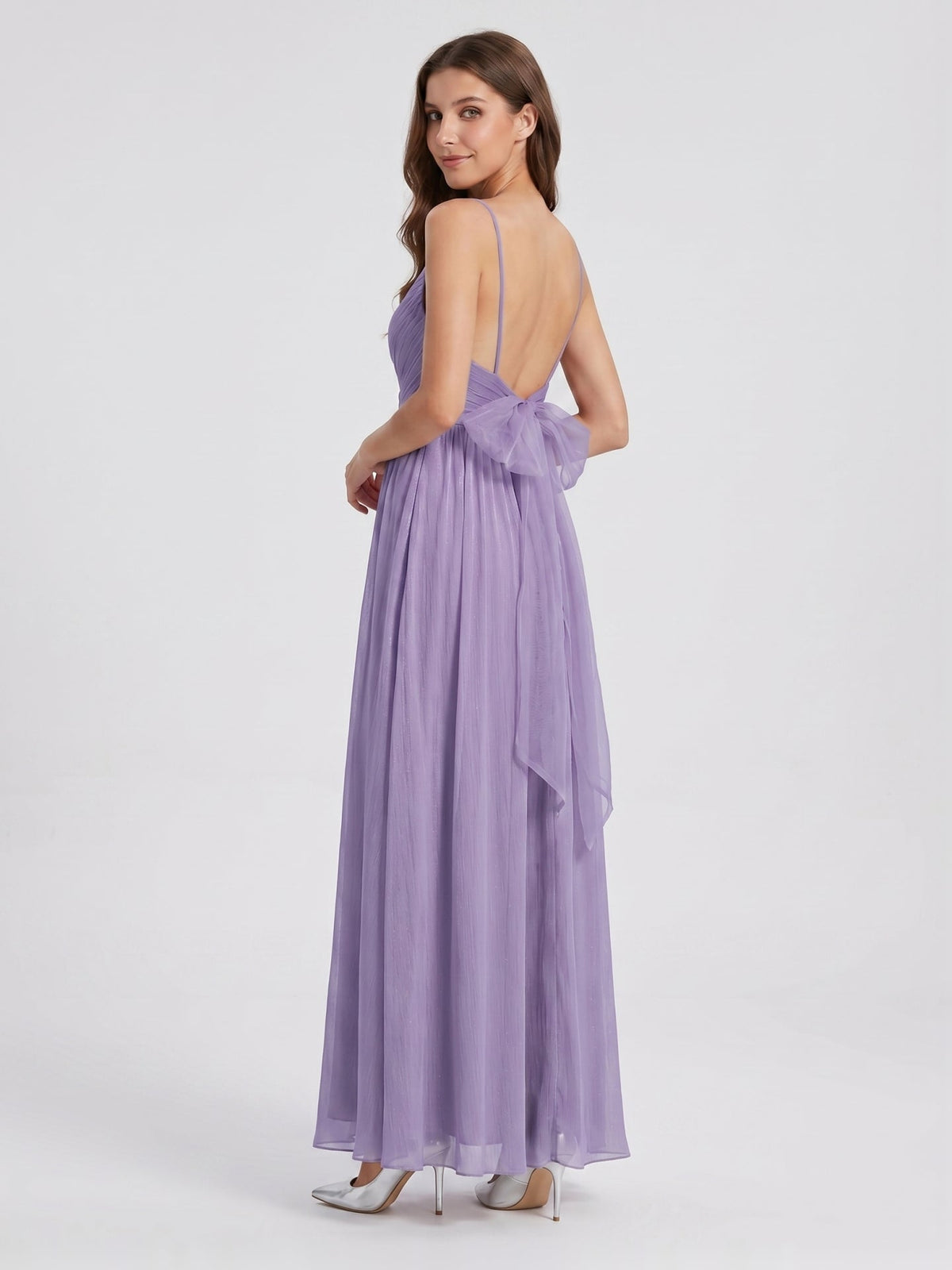 Mauve Chiffon A-Line V-Neck Backless Floor-Length Bridesmaid Dress with Pleats - Curvevia