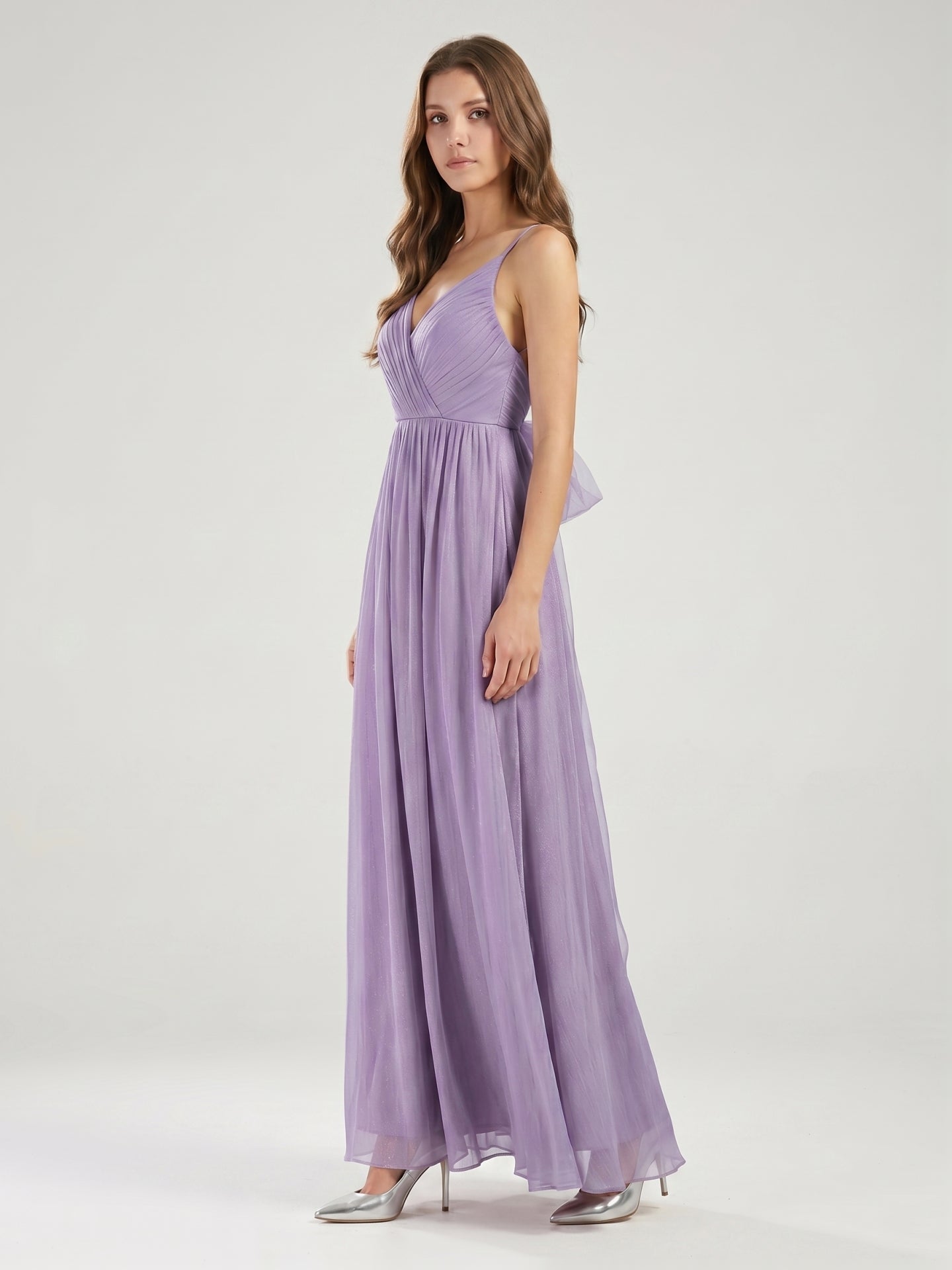 Mauve Chiffon A-Line V-Neck Backless Floor-Length Bridesmaid Dress with Pleats - Curvevia