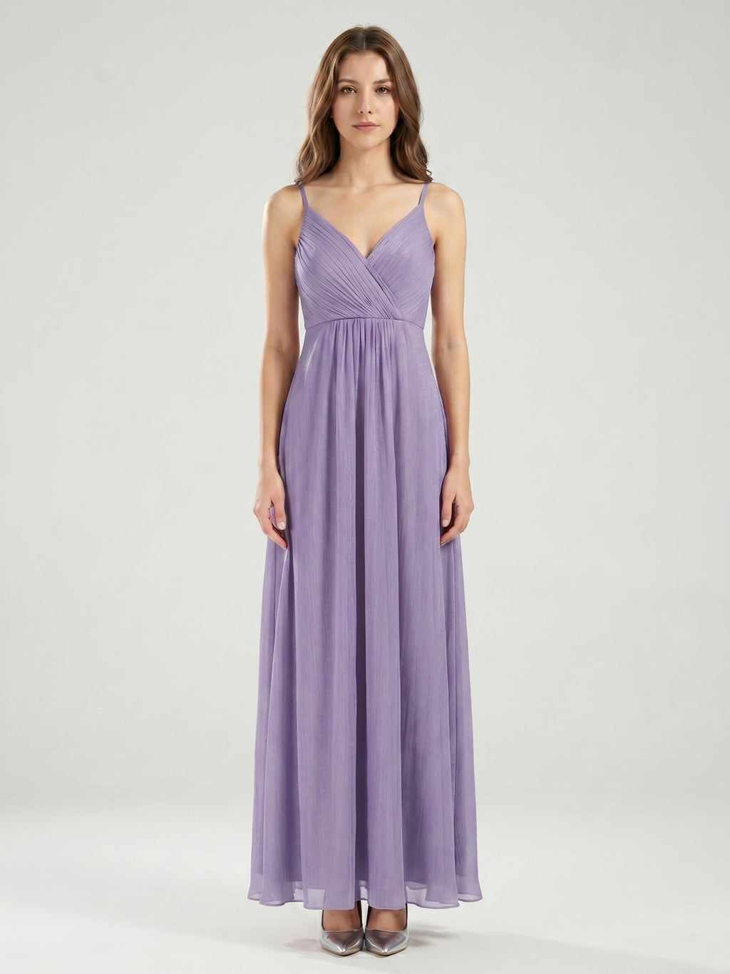 Mauve Chiffon A-Line V-Neck Backless Floor-Length Bridesmaid Dress with Pleats - Curvevia