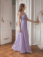 Mauve Chiffon A-Line V-Neck Backless Floor-Length Bridesmaid Dress with Pleats - Curvevia