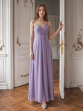 Mauve Chiffon A-Line V-Neck Backless Floor-Length Bridesmaid Dress with Pleats - Curvevia