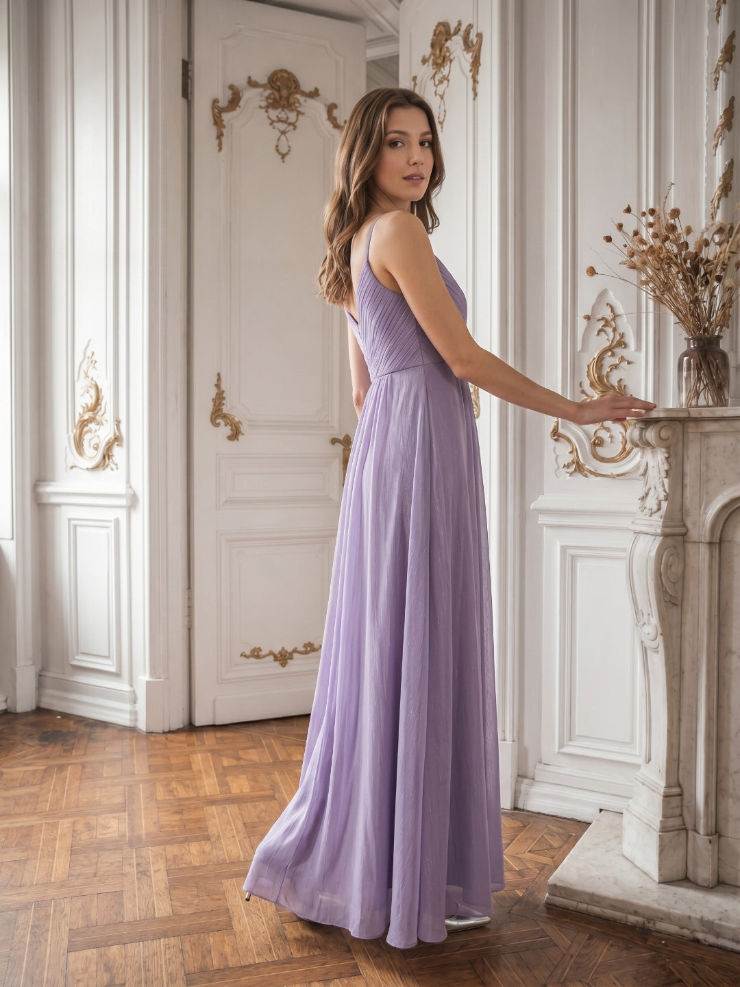 Mauve Chiffon A-Line V-Neck Backless Floor-Length Bridesmaid Dress with Pleats - Curvevia