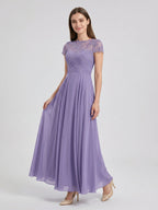 Mauve Lace A-Line Scoop Neck Back Zip Floor-Length Bridesmaid Dress with Pockets - Curvevia