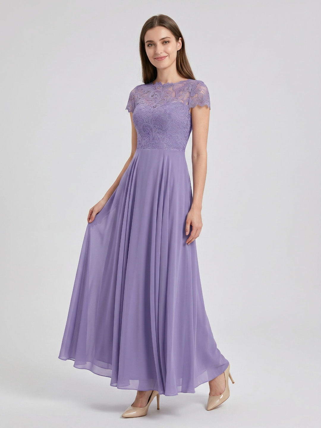 Mauve Lace A-Line Scoop Neck Back Zip Floor-Length Bridesmaid Dress with Pockets - Curvevia