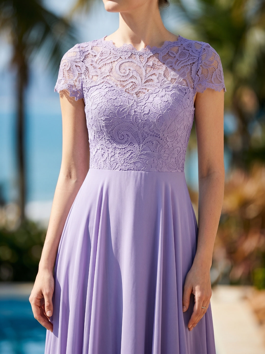 Mauve Lace A-Line Scoop Neck Back Zip Floor-Length Bridesmaid Dress with Pockets - Curvevia