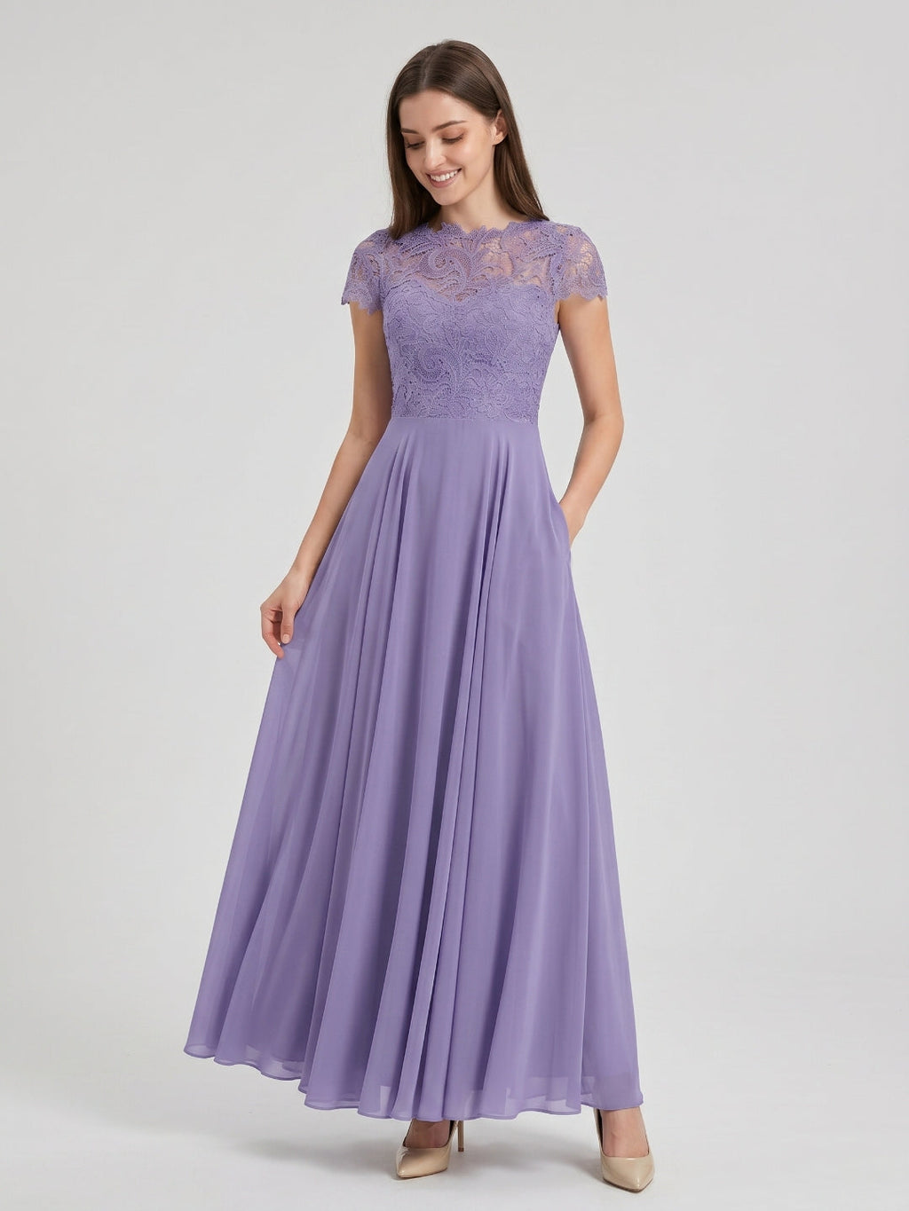 Mauve Lace A-Line Scoop Neck Back Zip Floor-Length Bridesmaid Dress with Pockets - Curvevia