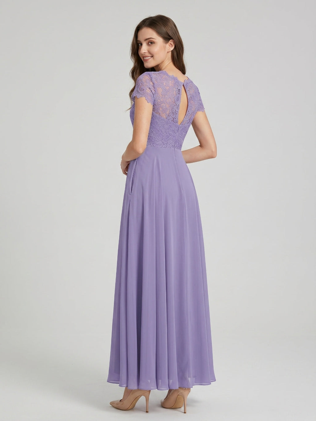 Mauve Lace A-Line Scoop Neck Back Zip Floor-Length Bridesmaid Dress with Pockets - Curvevia