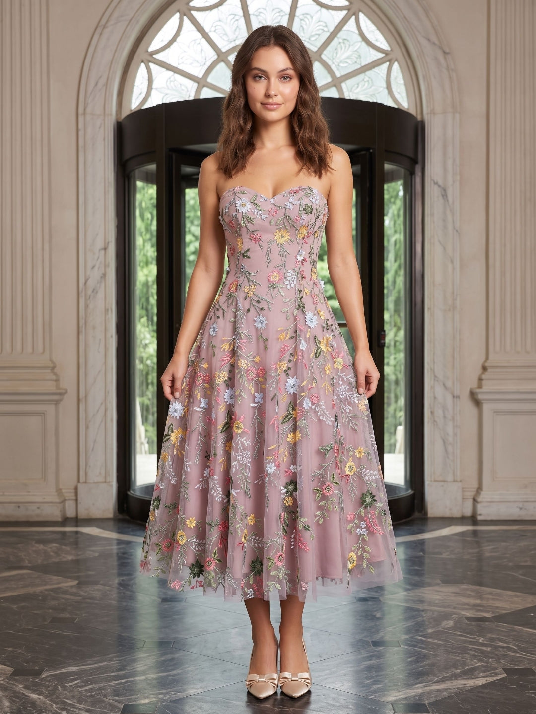 Mauve Floral Tulle A-Line Sweetheart Zipper Back Midi Dress - Curvevia