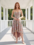 Mauve Embroidered Mesh A-Line Sweetheart Zipper Back High-Low Dress - Curvevia