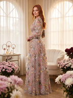 Mauve Mesh with Floral Embroidery A-Line V-Neck Zipper Back Floor Length Dress - Curvevia