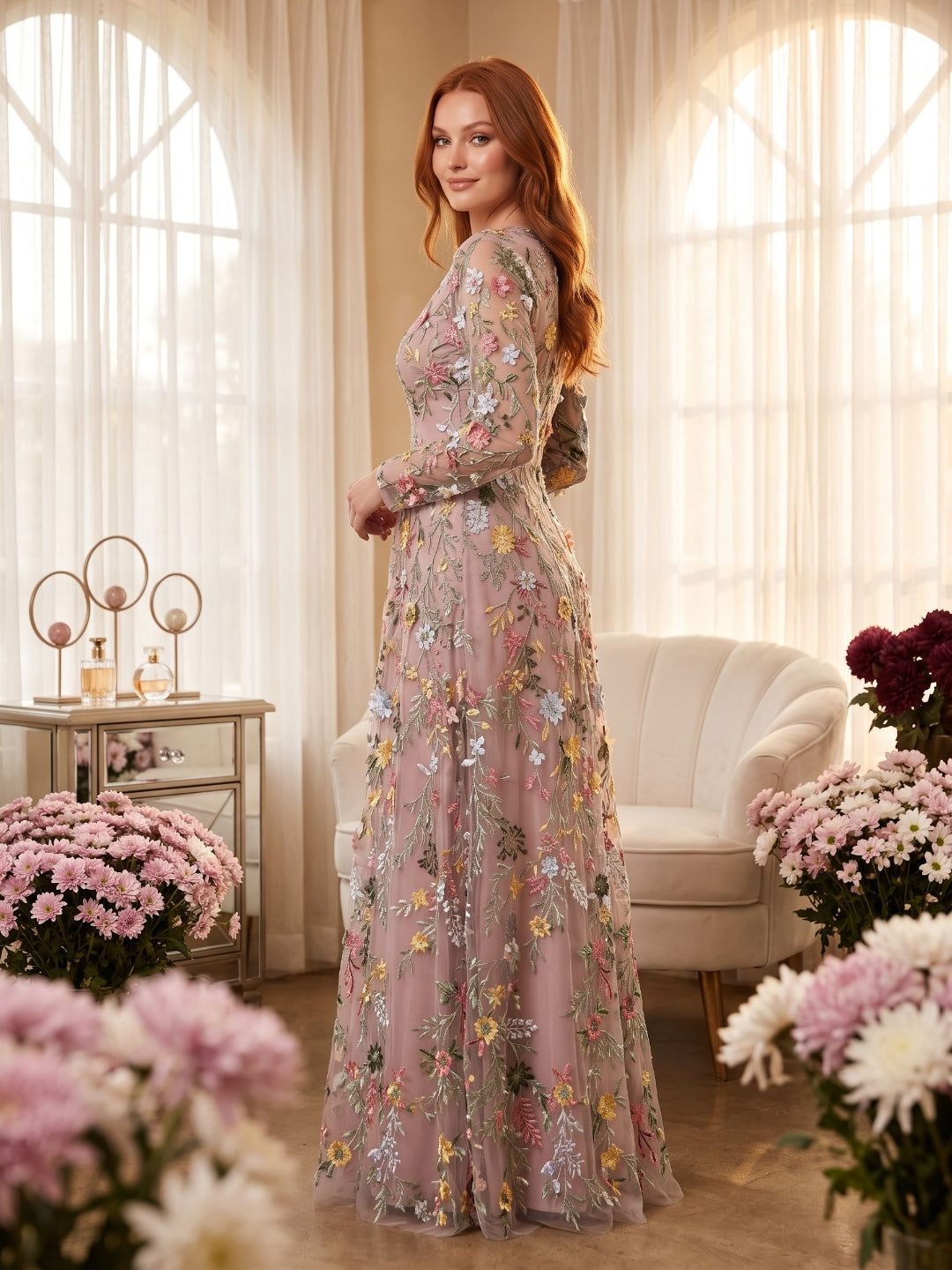 Mauve Mesh with Floral Embroidery A-Line V-Neck Zipper Back Floor Length Dress - Curvevia