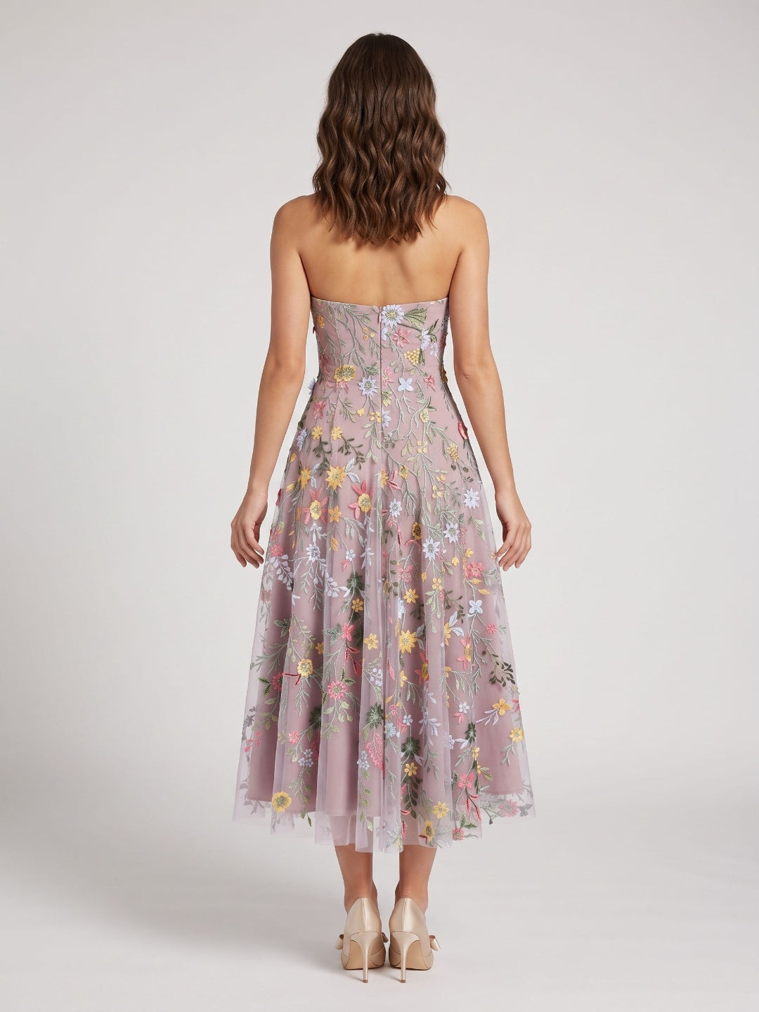 Mauve Floral Tulle A-Line Sweetheart Zipper Back Midi Dress - Curvevia