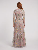 Mauve Mesh with Floral Embroidery A-Line V-Neck Zipper Back Floor Length Dress - Curvevia