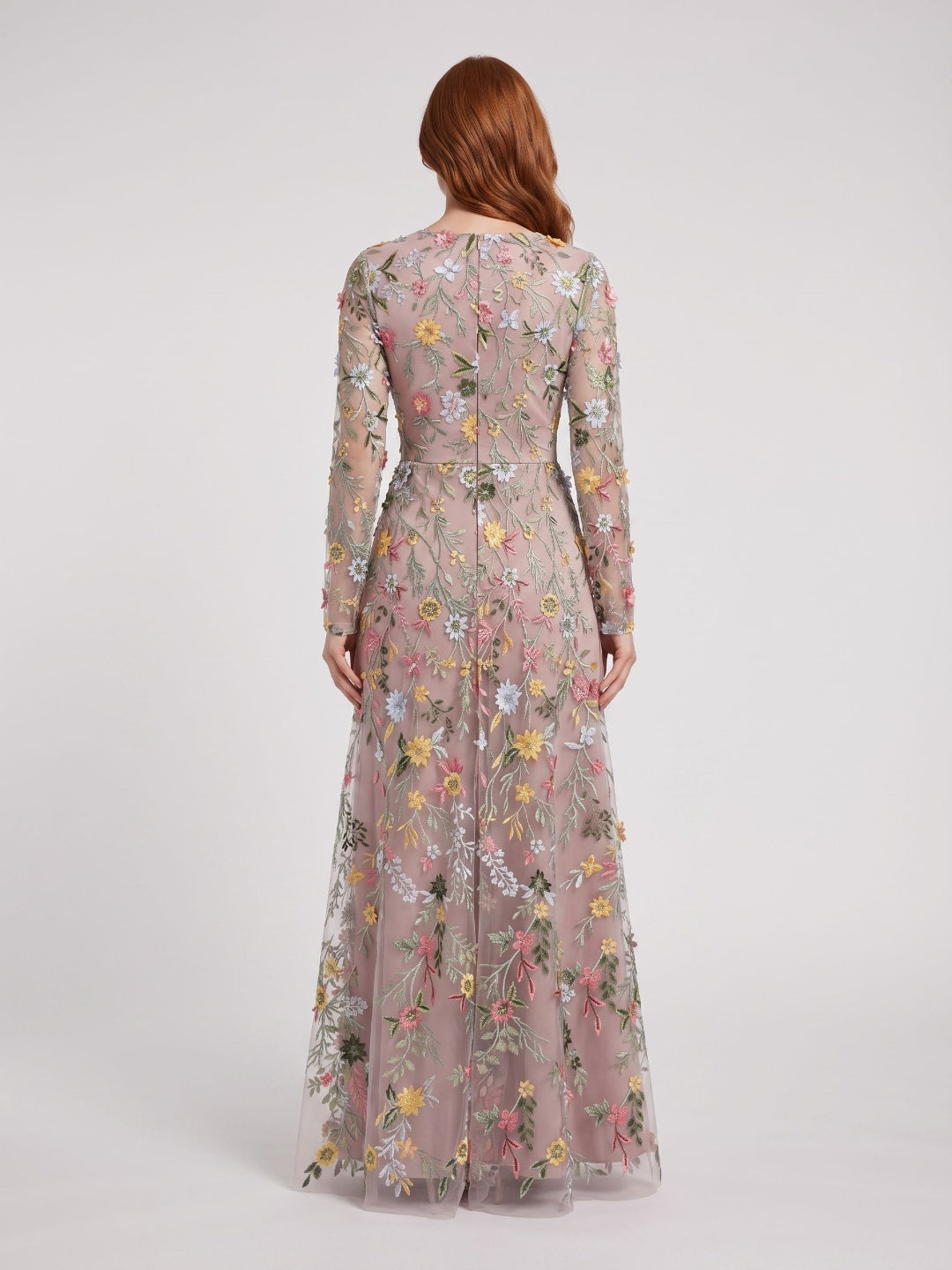 Mauve Mesh with Floral Embroidery A-Line V-Neck Zipper Back Floor Length Dress - Curvevia