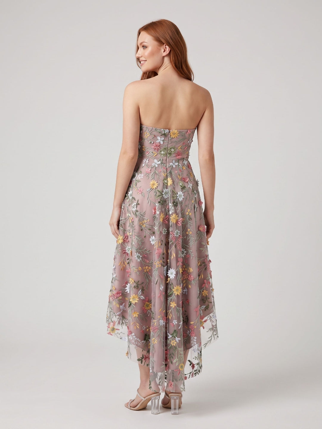 Mauve Embroidered Mesh A-Line Sweetheart Zipper Back High-Low Dress - Curvevia