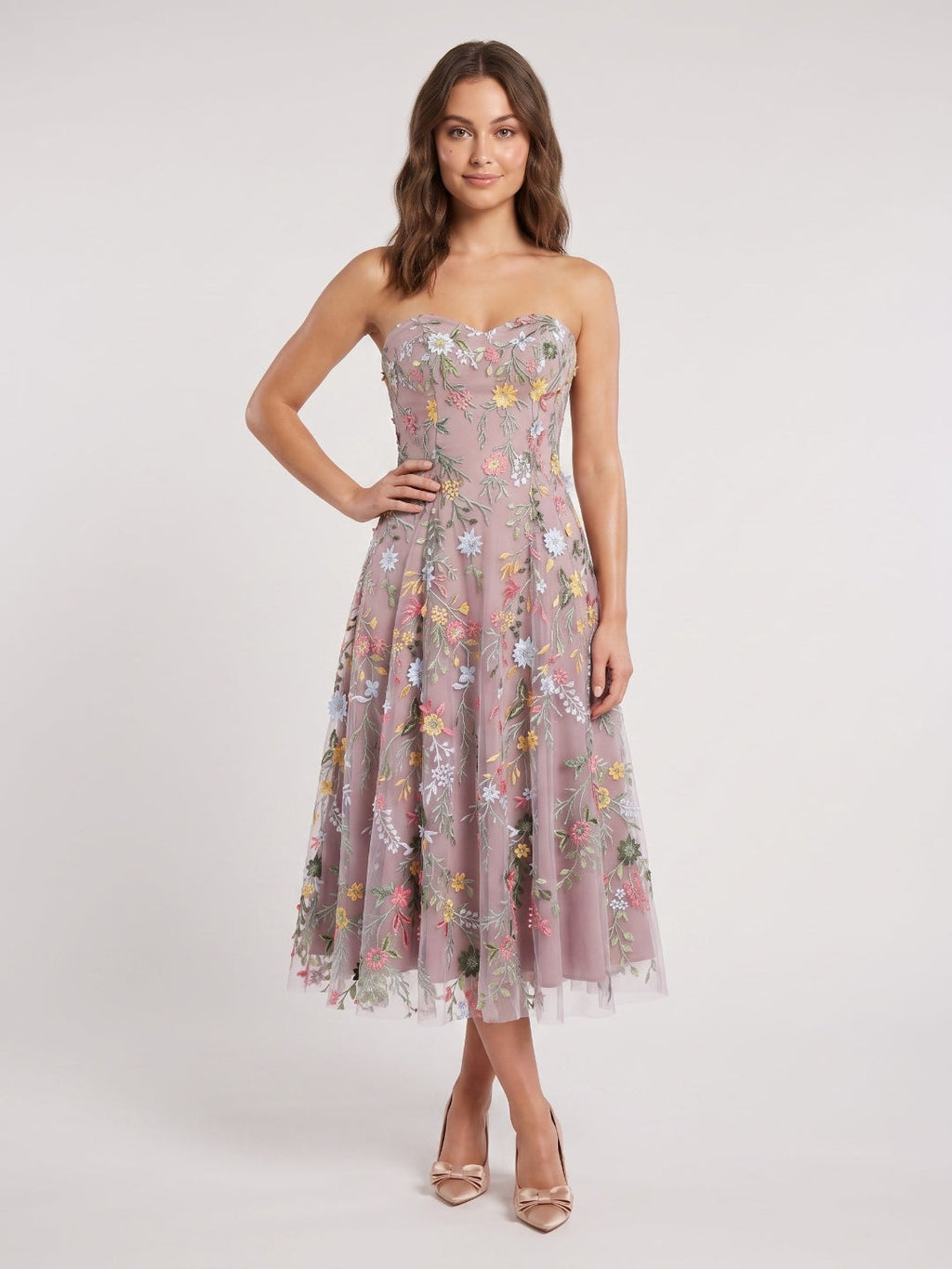 Mauve Floral Tulle A-Line Sweetheart Zipper Back Midi Dress - Curvevia