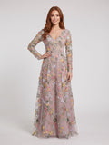 Mauve Mesh with Floral Embroidery A-Line V-Neck Zipper Back Floor Length Dress - Curvevia