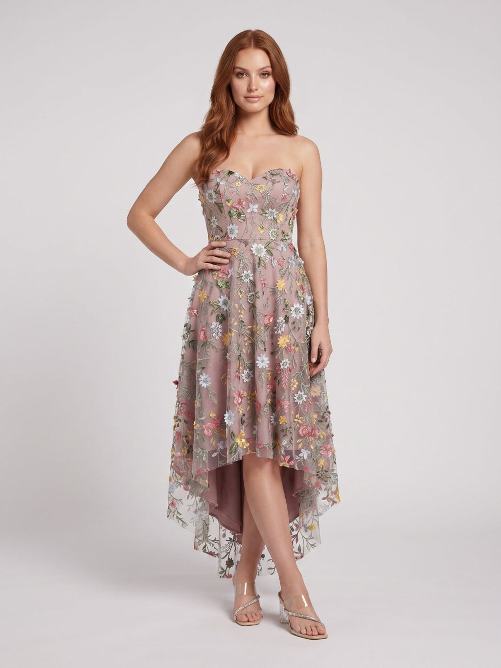 Mauve Embroidered Mesh A-Line Sweetheart Zipper Back High-Low Dress - Curvevia