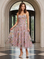 Mauve Floral Tulle A-Line Sweetheart Zipper Back Midi Dress - Curvevia