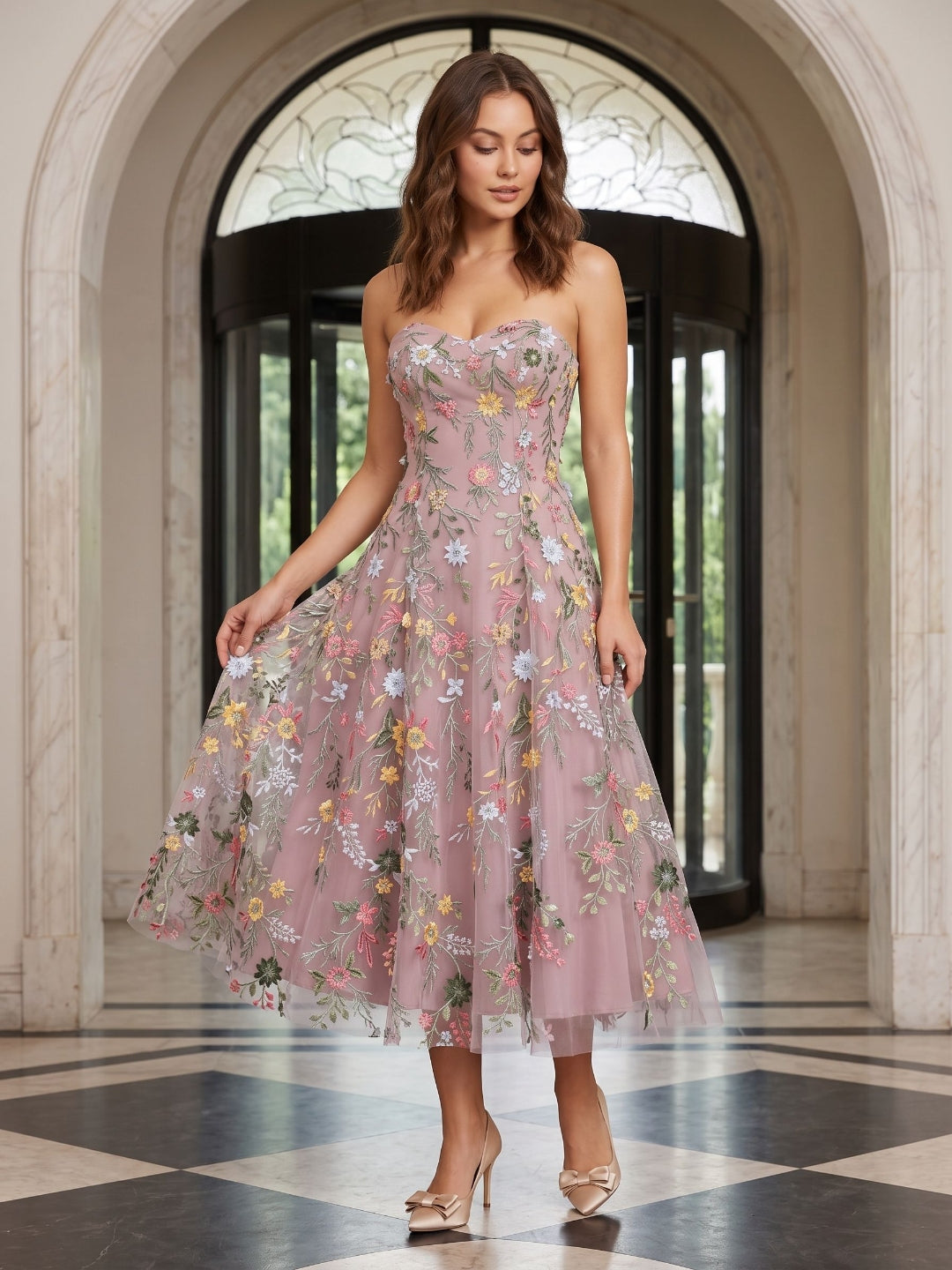 Mauve Floral Tulle A-Line Sweetheart Zipper Back Midi Dress - Curvevia