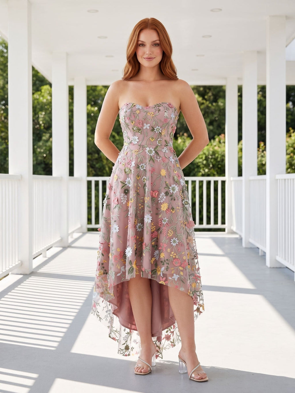 Mauve Embroidered Mesh A-Line Sweetheart Zipper Back High-Low Dress - Curvevia