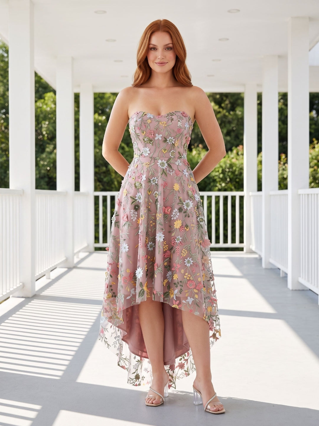 Mauve Embroidered Mesh A-Line Sweetheart Zipper Back High-Low Dress - Curvevia